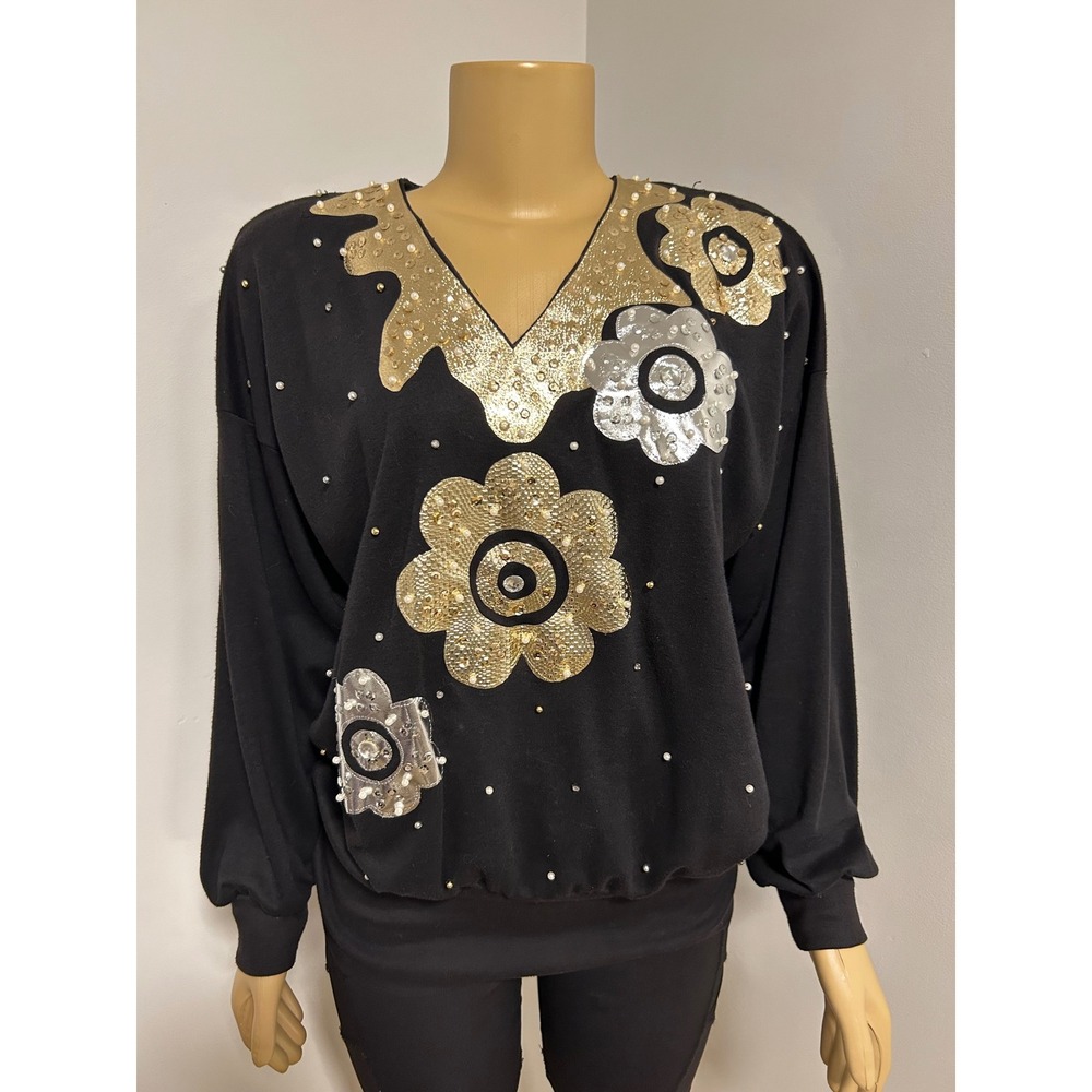 Vintage Bonnie BoererCompany Black Gold Sequin Pearl Floral HOLIDAY Sweatshirt M